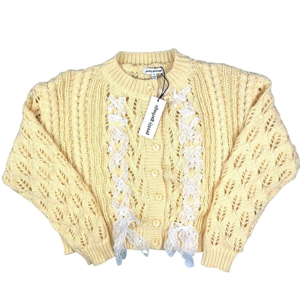 Pretty Garbage Yellow Pointelle Lace Ribbon Knit Cardigan Sweater Womens Sm NEW